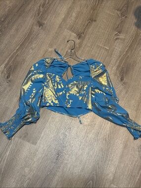 SHEIN Blue Crop Top with Gold Print